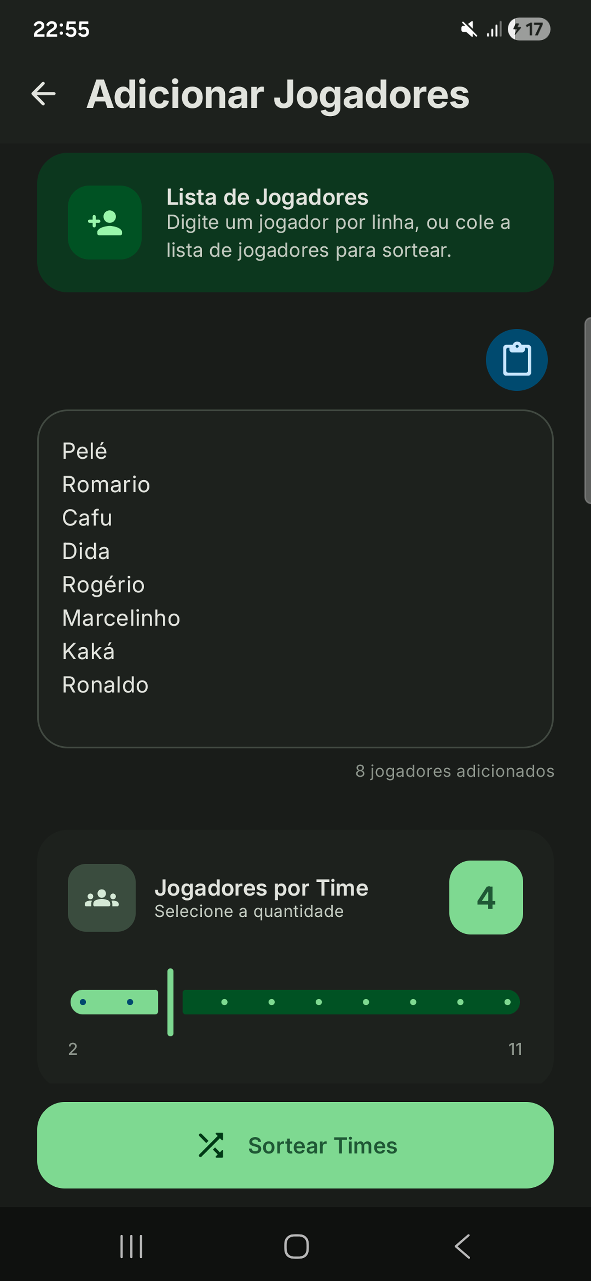 Tela para adicionar jogadores