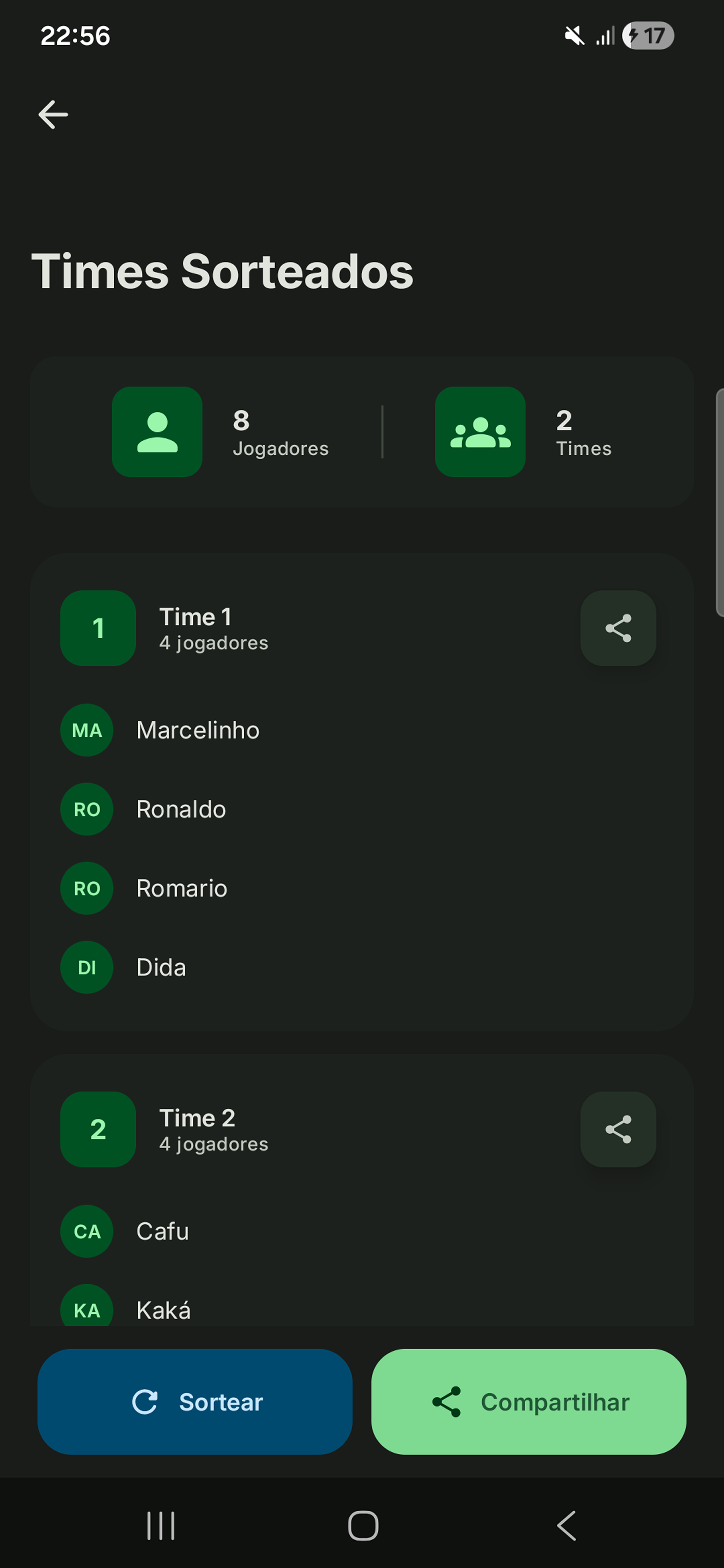 Tela com o resultado dos times
